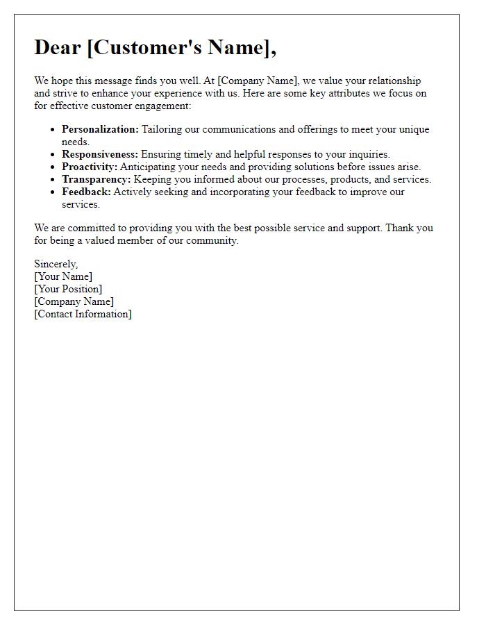 Letter template of key attributes for customer engagement