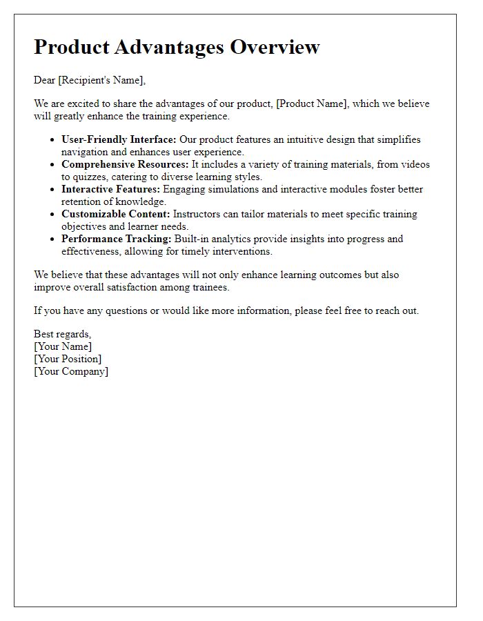 Letter template of product advantages for training materials