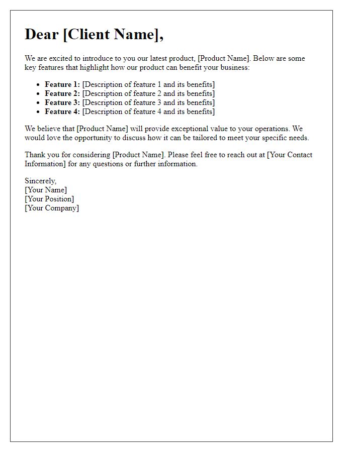 Letter template of product feature highlights for potential clients