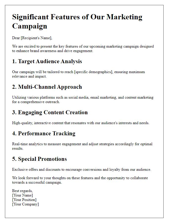 Letter template of significant features for marketing campaigns