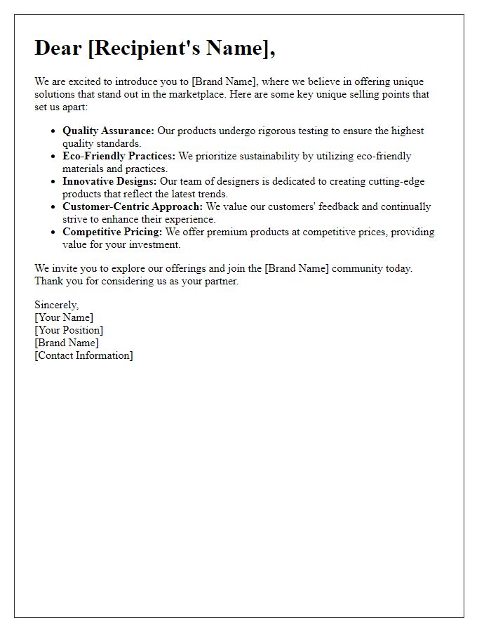 Letter template of unique selling points for brand awareness