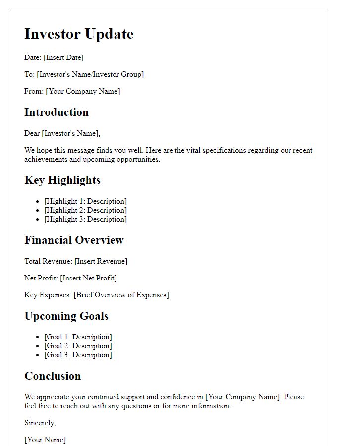 Letter template of vital specifications for investor updates