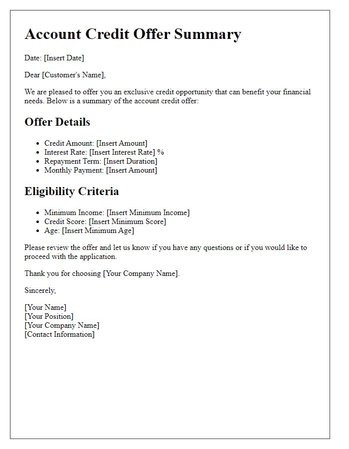 Letter template of account credit offer summary