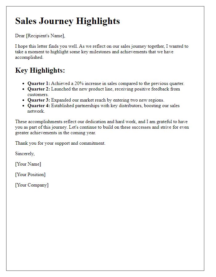 Letter template of marking sales journey highlights