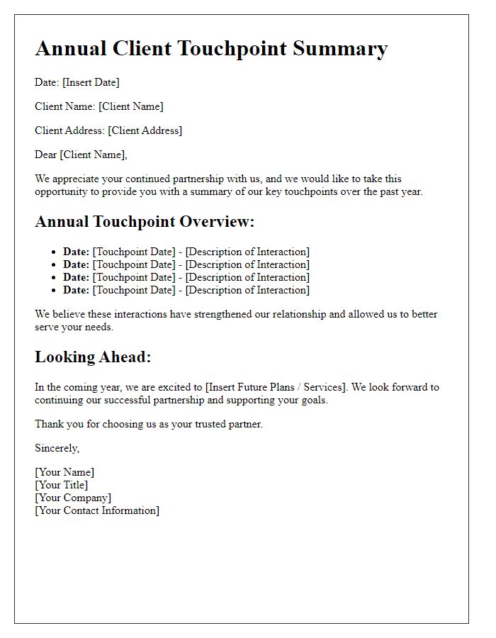 Letter template of Annual Client Touchpoint Summary