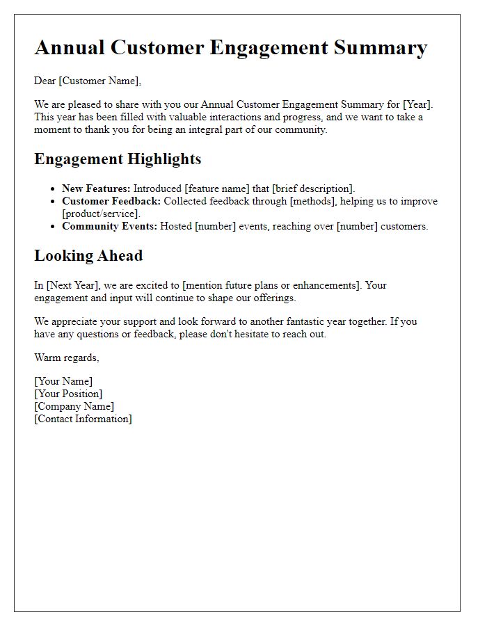 Letter template of Annual Customer Engagement Summary