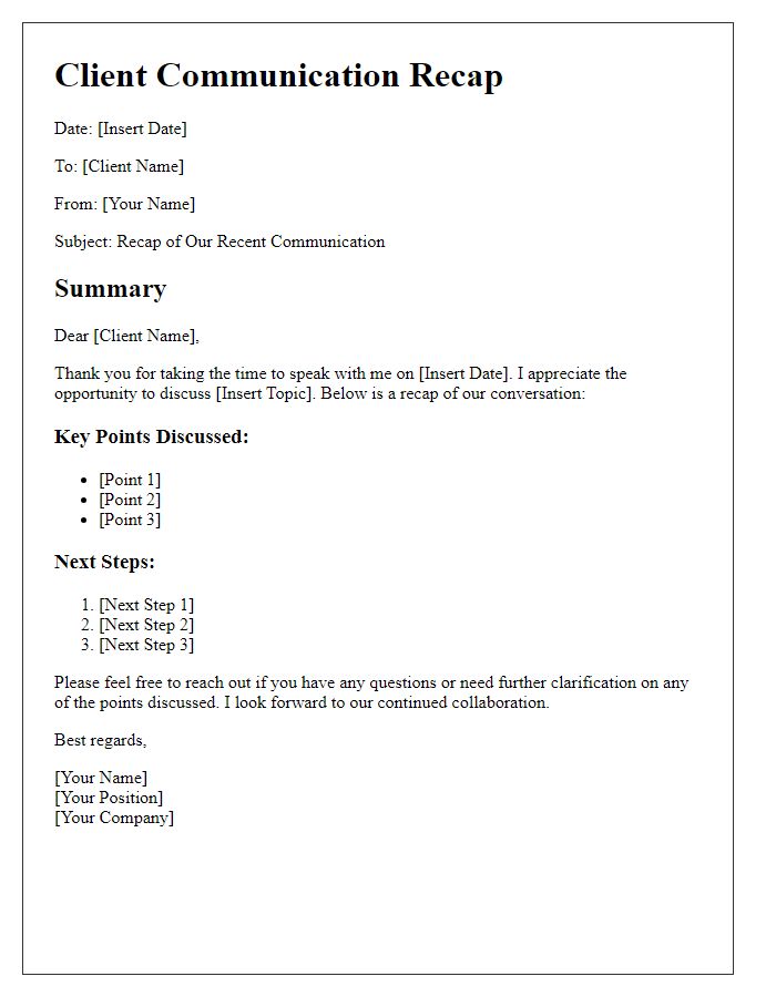 Letter template of Client Communication Recap