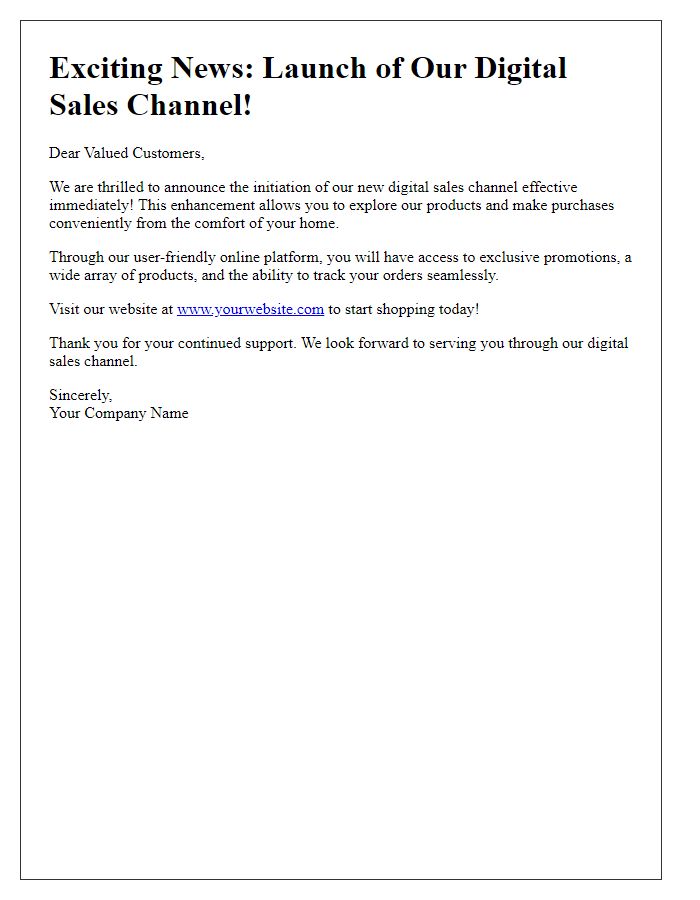 Letter template of announcement for digital sales channel initiation