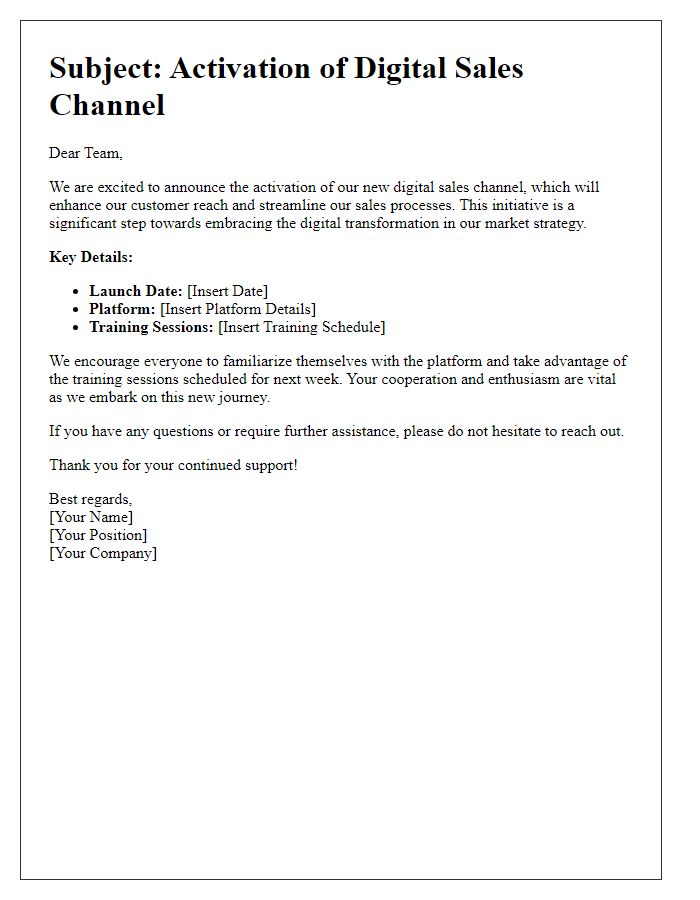 Letter template of internal communication about digital sales channel activation