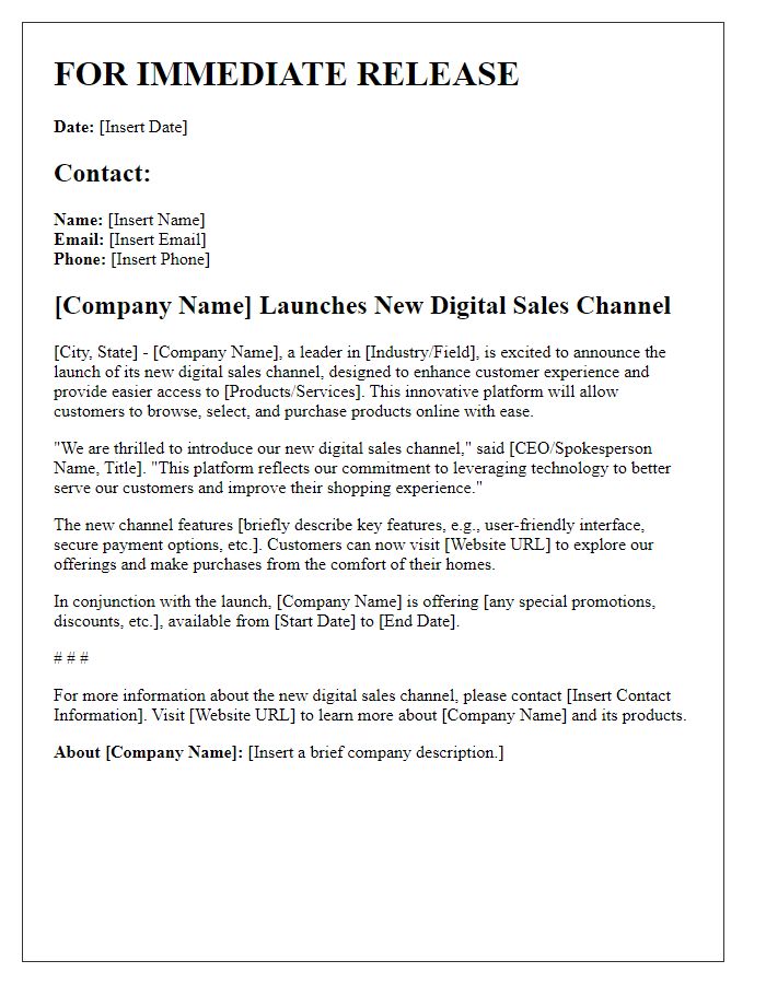 Letter template of press release for digital sales channel introduction