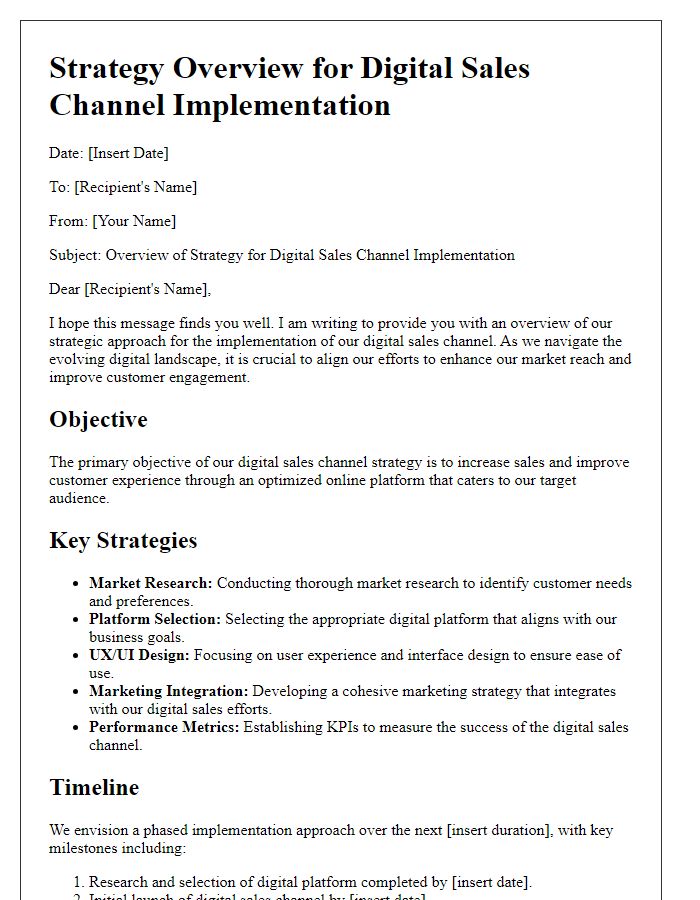 Letter template of strategy overview for digital sales channel implementation