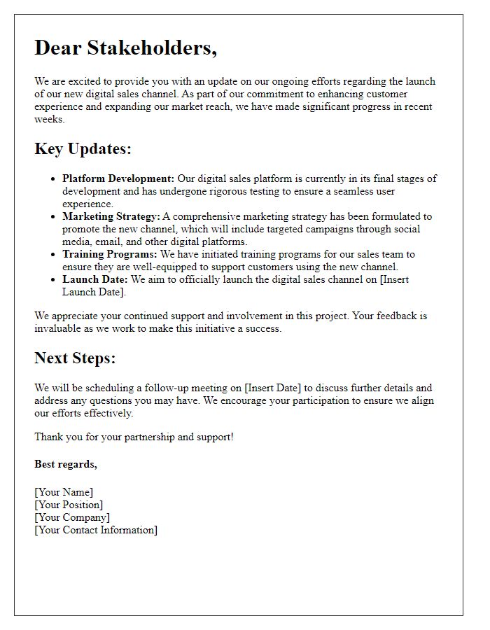 Letter template of update for stakeholders on digital sales channel launch