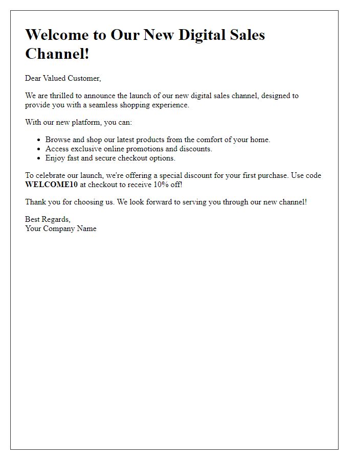 Letter template of welcome message for customers on new digital sales channel