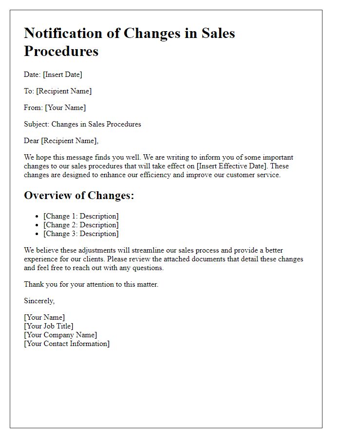 Letter template of changes in sales procedures