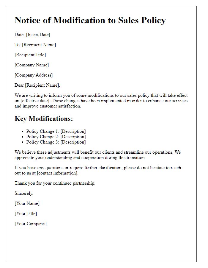 Letter template of modifications to sales policy