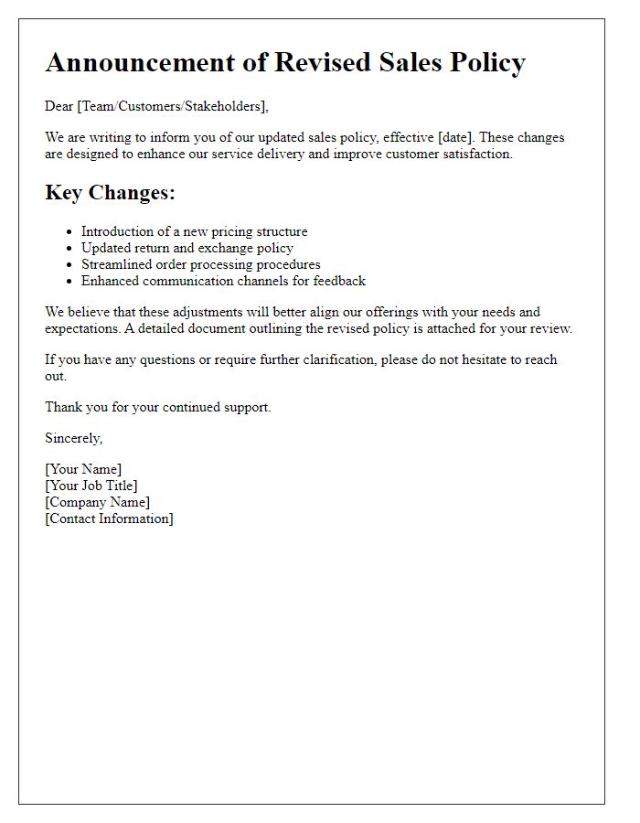 Letter template of revised sales policy announcement