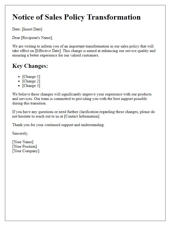 Letter template of sales policy transformation notice