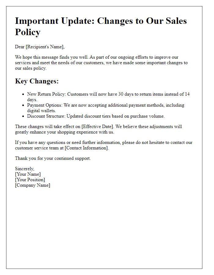 Letter template of update regarding sales policy changes