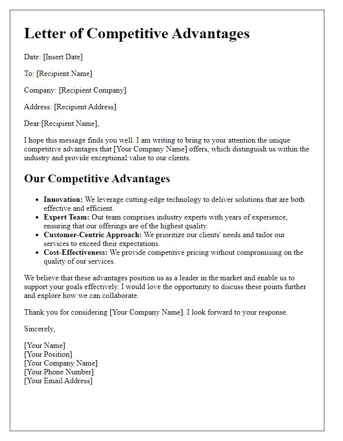 Letter template of showcasing competitive advantages