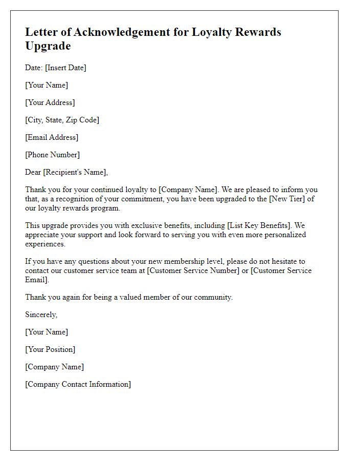 Letter template of acknowledgement for loyalty rewards upgrade