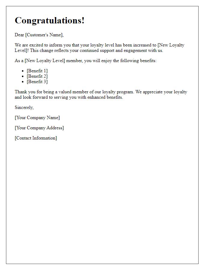 Letter template of confirmation for loyalty level increase