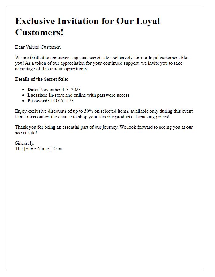 Letter template of presenting a secret sale to loyal customers