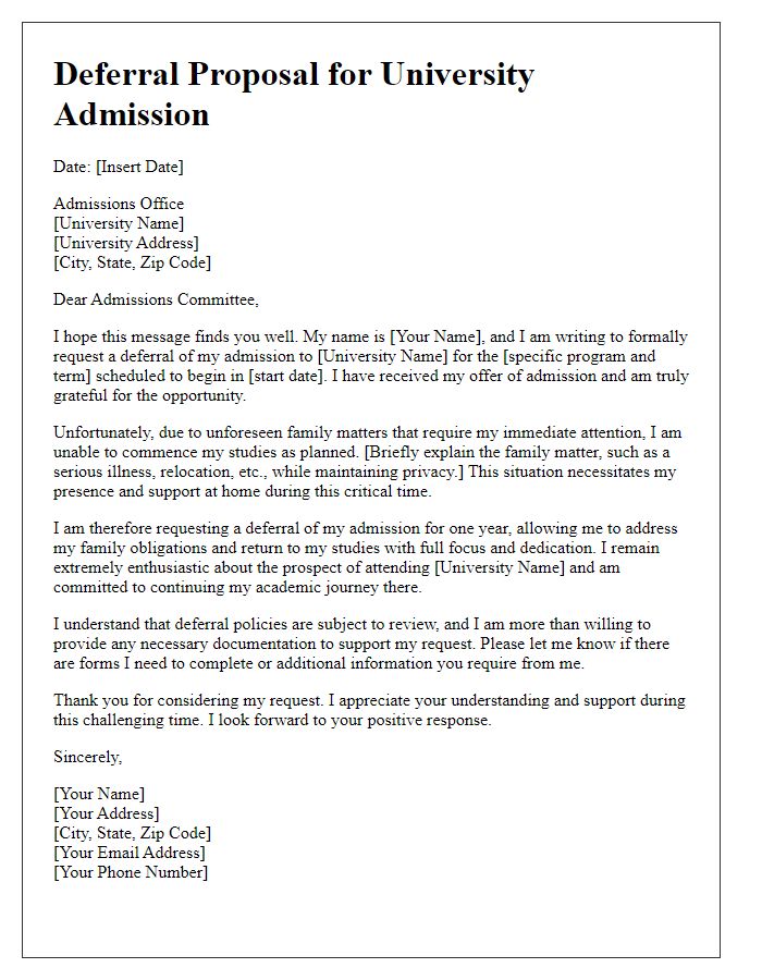 Letter template of deferral proposal for university admission caused by family matters