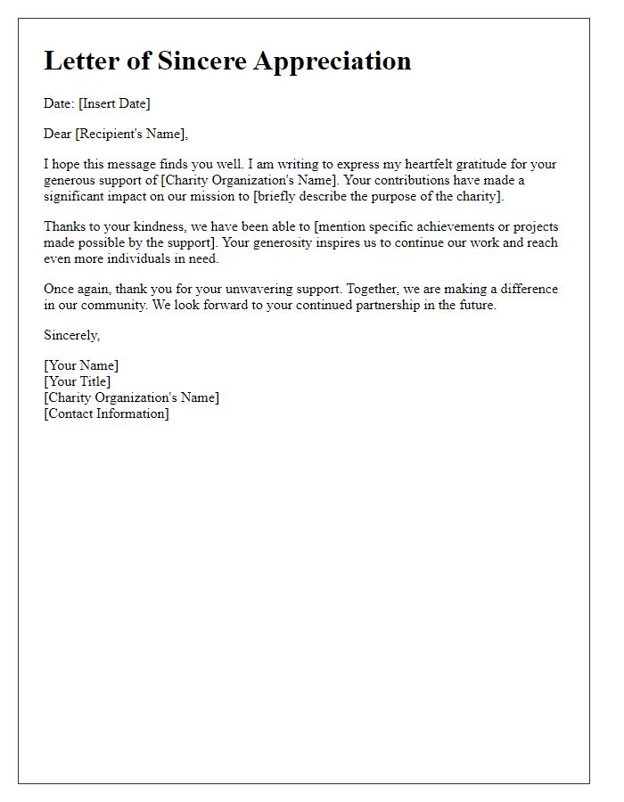 Letter template of sincere appreciation for charity support.