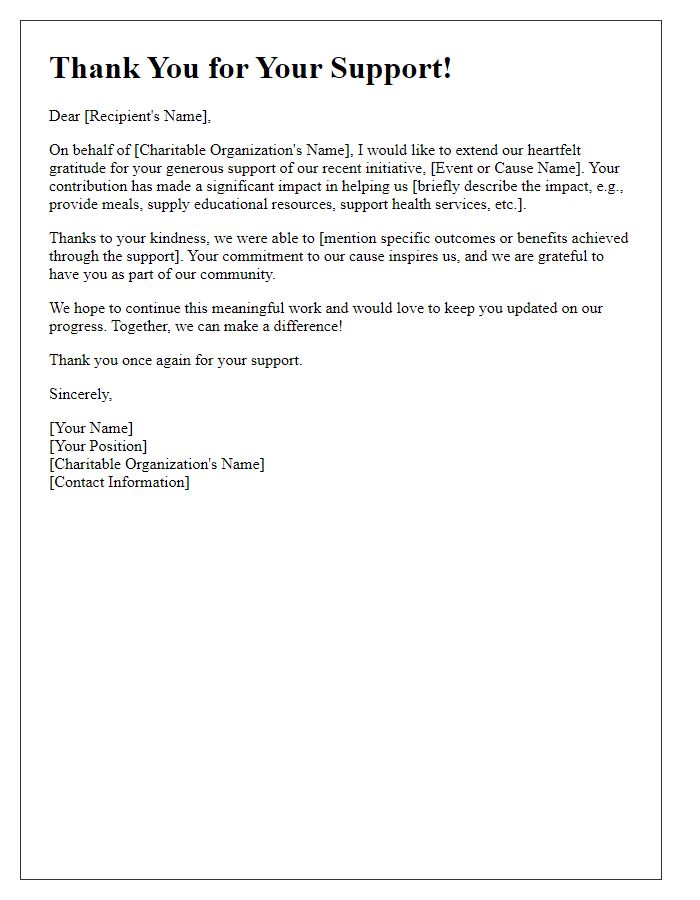 Letter template of thanks for supporting our charitable cause.