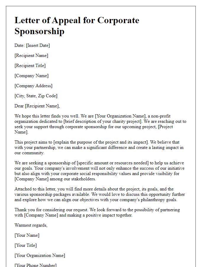 Letter template of an appeal for corporate sponsorship for a charity project.