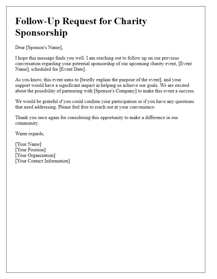 Letter template of a follow-up request for charity sponsorship engagement.