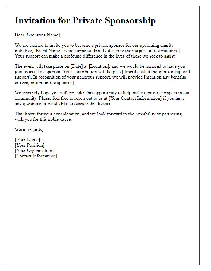 Letter template of an invitation for private sponsorship of charity initiatives.