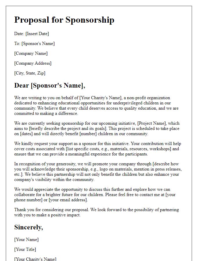 Letter template of a proposal for educational charity sponsorship.