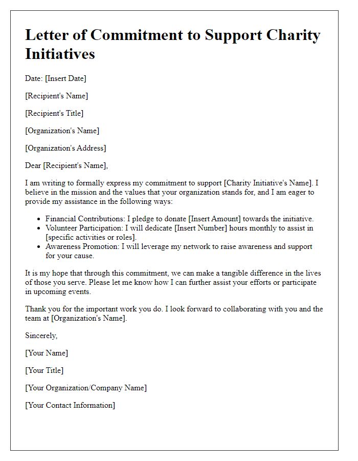 Letter template of commitment to support charity initiatives