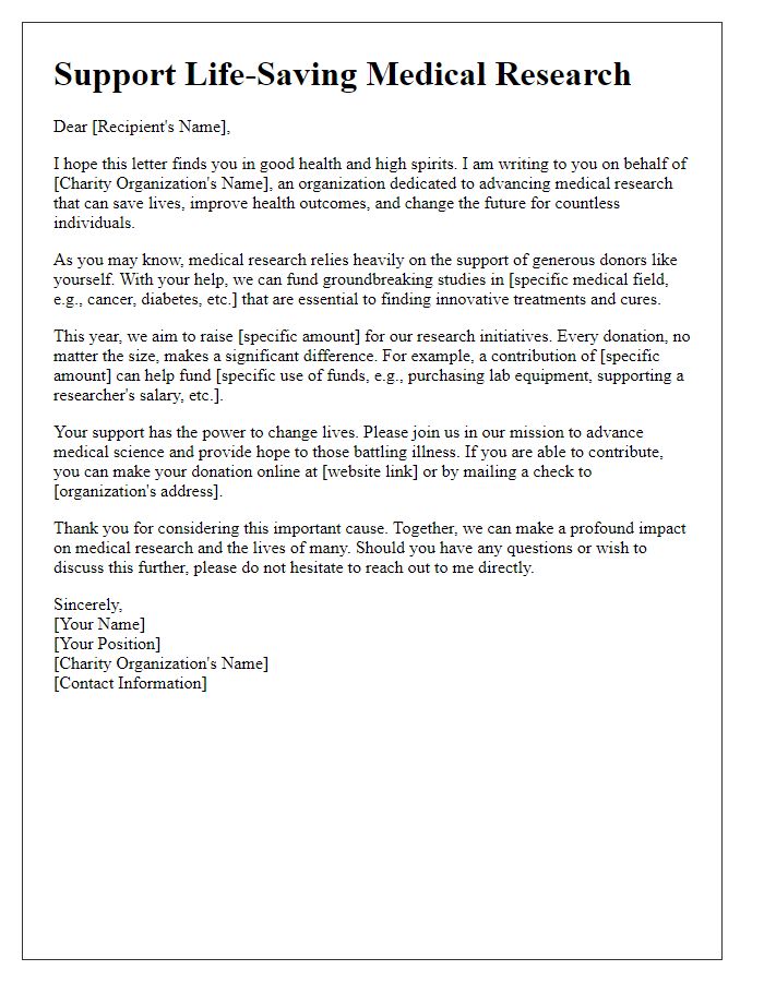 Letter template of charity fundraising appeal for medical research