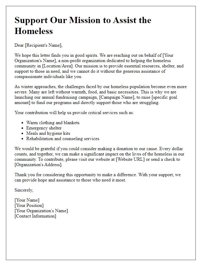 Letter template of charity fundraising outreach for homeless assistance