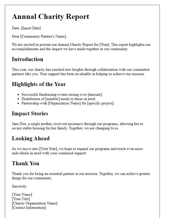 Letter template of annual charity report for community partners.