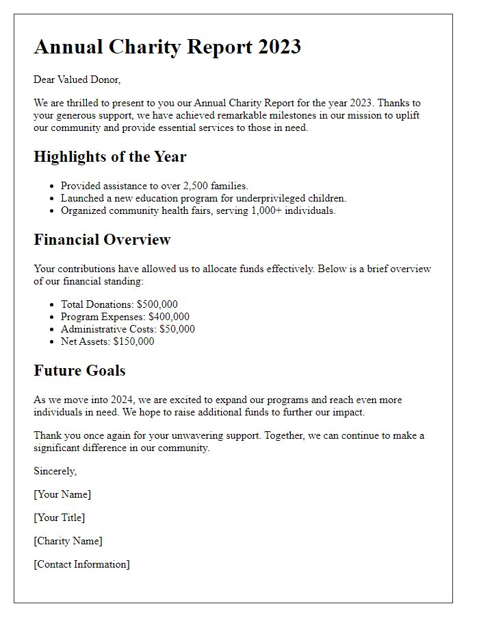 Letter template of annual charity report for donors.