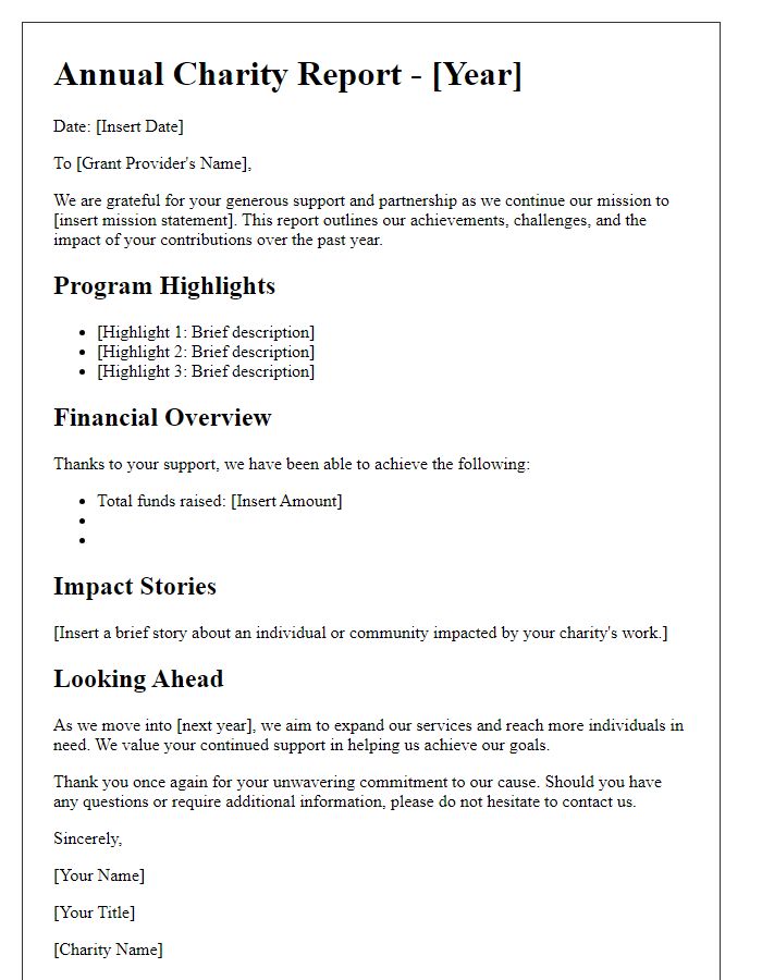 Letter template of annual charity report for grant providers.