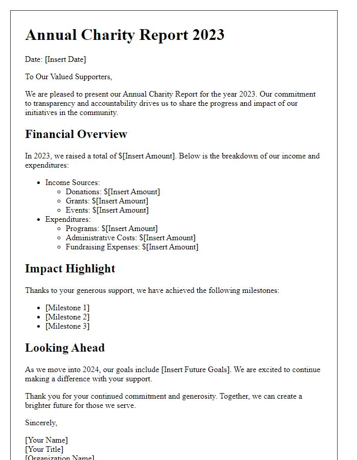 Letter template of annual charity report for organizational transparency.