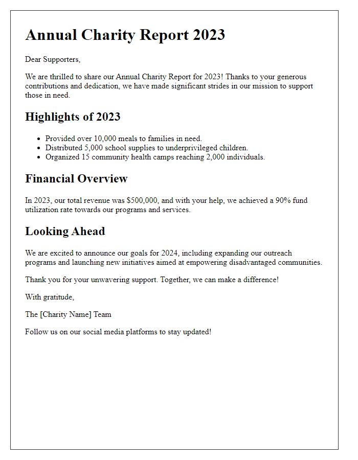 Letter template of annual charity report for social media sharing.