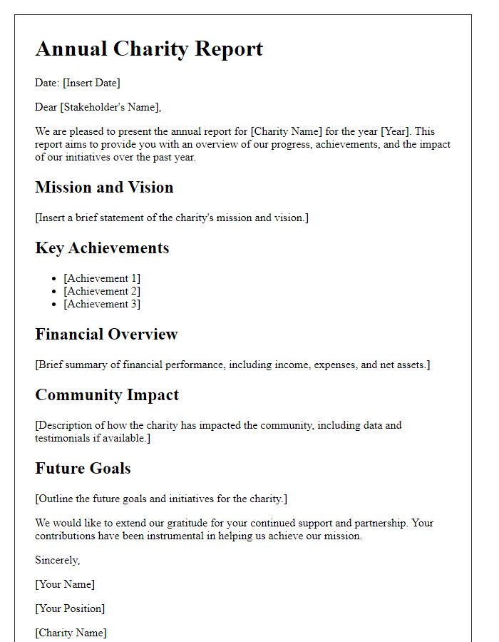 Letter template of annual charity report for stakeholders.