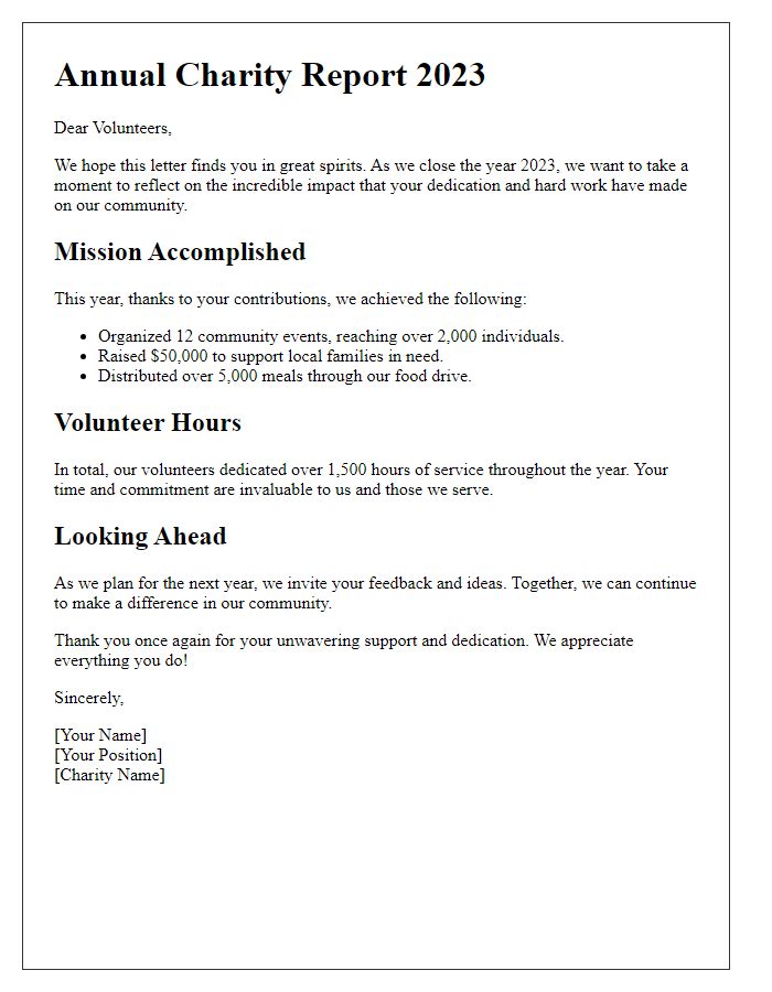 Letter template of annual charity report for volunteers.