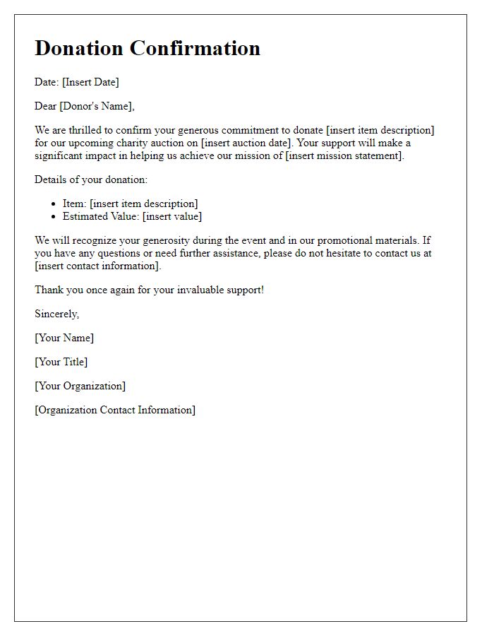 Letter template of confirmation for charity auction donation commitment.