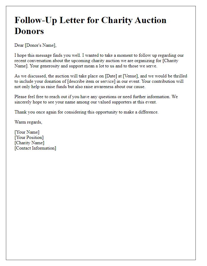 Letter template of follow-up for potential charity auction donors.