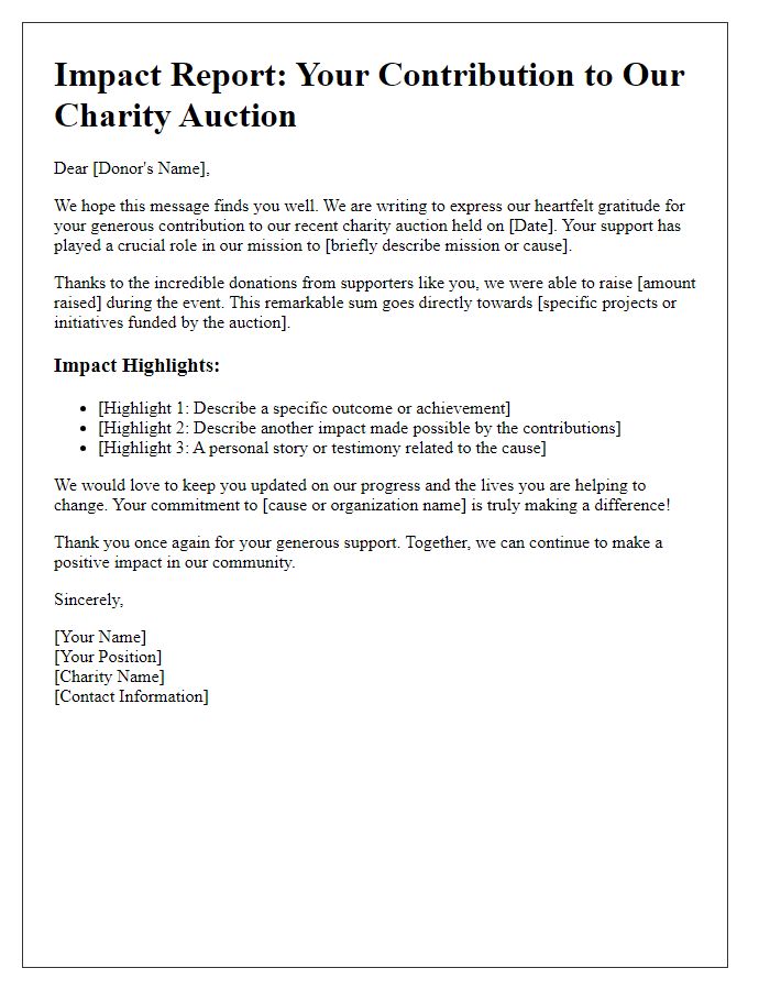 Letter template of impact report for charity auction contributions.