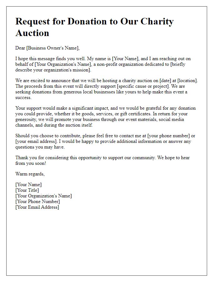 Letter template of request for charity auction donations from local businesses.