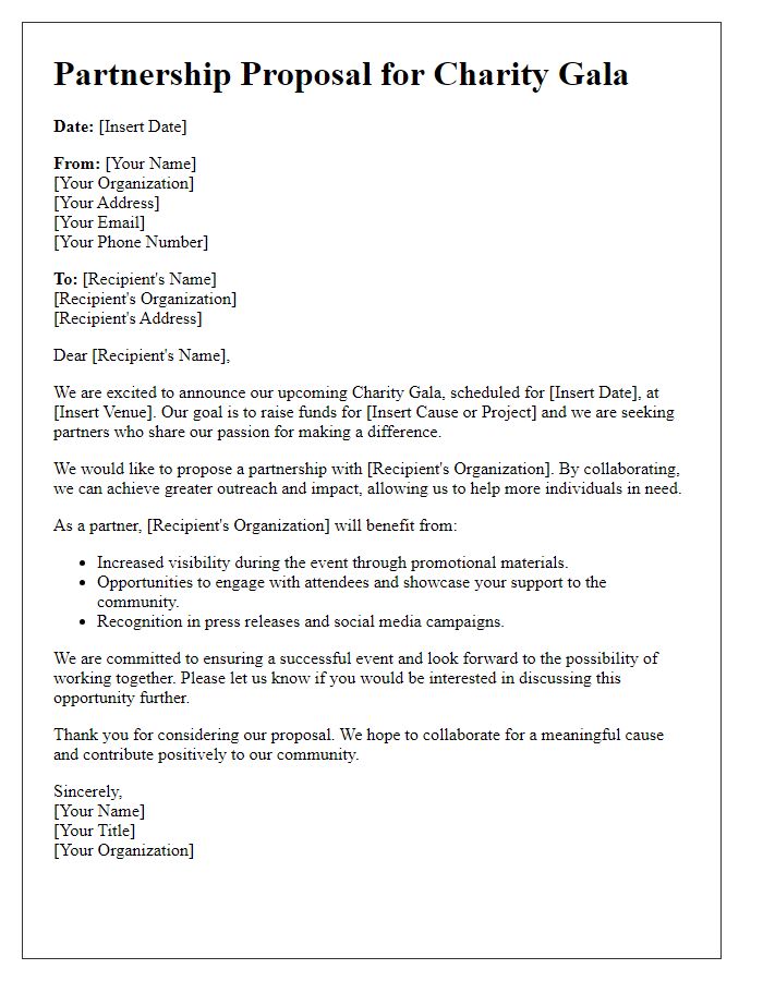 Letter template of partnership proposal for charity gala