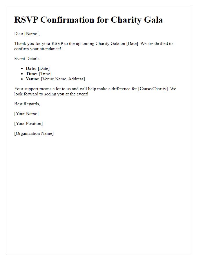 Letter template of RSVP confirmation for charity gala