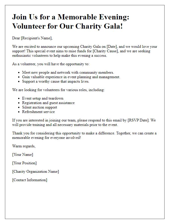 Letter template of volunteer recruitment for charity gala